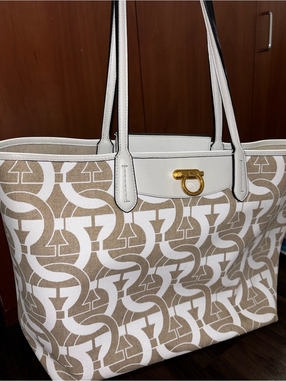 Salvatore Ferragamo White and Beige Monogram Canvas Tote
